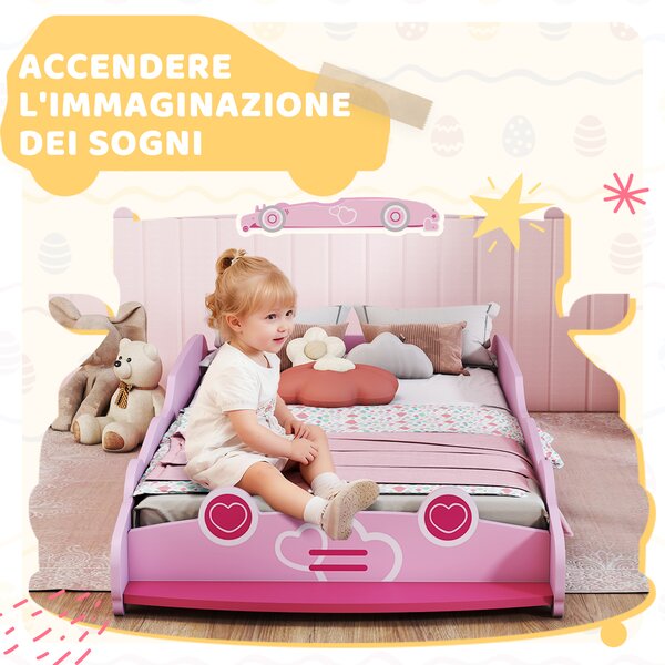 AIYAPLAY Letto per Bambini da 3-5 Anni a Forma di Macchina con Sponde Rialzate di Sicurezza, 140x70 cm, Rosa | Aosom Italy