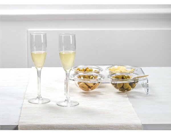 Vassoio quadrato porta aperitivi 4 scomparti Dimensioni 28,5x29,5x h 8 cm, spessore 6 mm adatto a servire dolci, aperitivi e salatini colore Trasparente