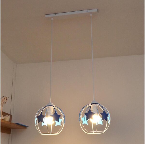 Lampadario a sospensione per bambini STARS 2xE27/15W/230V blu/bianco