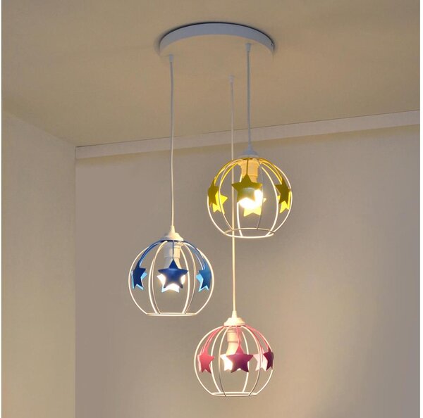 Lampadario a sospensione per bambini STARS 3xE27/15W/230V blu/rosa/giallo