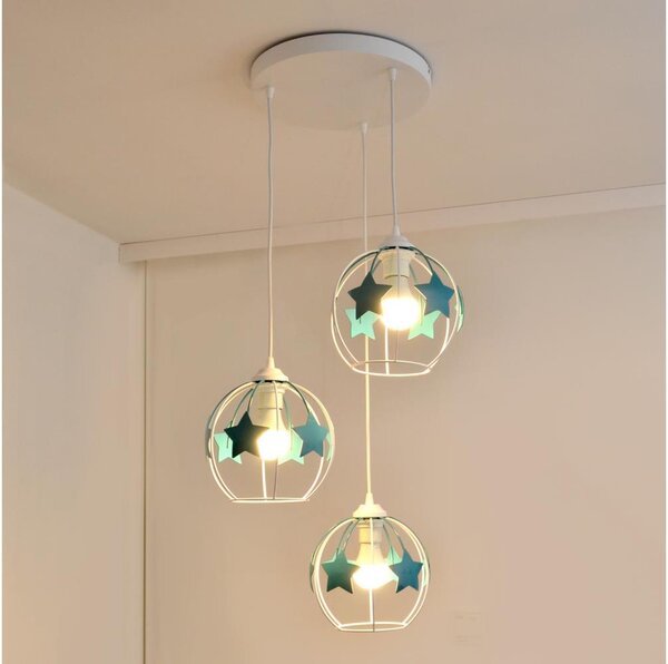 Lampadario a sospensione per bambini STARS 3xE27/15W/230V turchese/bianco