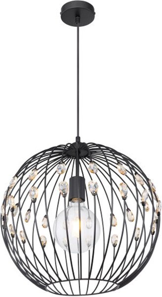 Globo Lighting lampada a sospensione in metallo nero opaco, metallo nero opaco, cristalli K9 ambra, cavo tessile nero, ø: 400mm, H: 1200mm, escl. 1x E27 60W 230V