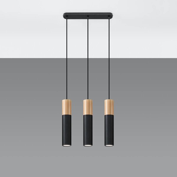 Lampada a Sospensione 3xGU10 PABLO 3 Nera in Legno e Acciaio