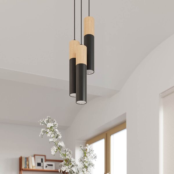 Lampada a Sospensione 3xGU10 PABLO 3 Nera in Legno e Acciaio