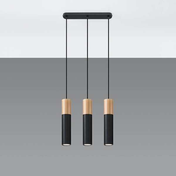 Lampada a Sospensione 3xGU10 PABLO 3 Nera in Legno e Acciaio