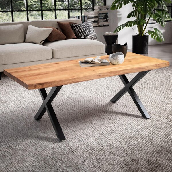 WOHNLING Tavolino da salotto 120x60x46 cm Legno massello di acacia / Metallo Tavolino da salotto rettangolare Tavolino da divano Tavolino da soggiorno Marrone Tavolino da caffè