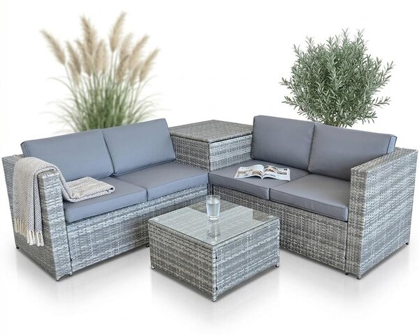 Gruppo di seduta XXL in poly rattan + scatola di cuscini divano da giardino set di sedute da giardino grigio