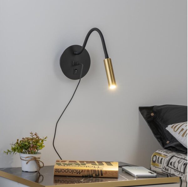 Brilagi -LED Lampada flessibile da muro con porta USB MAYA LED/3W/230V nero/oro