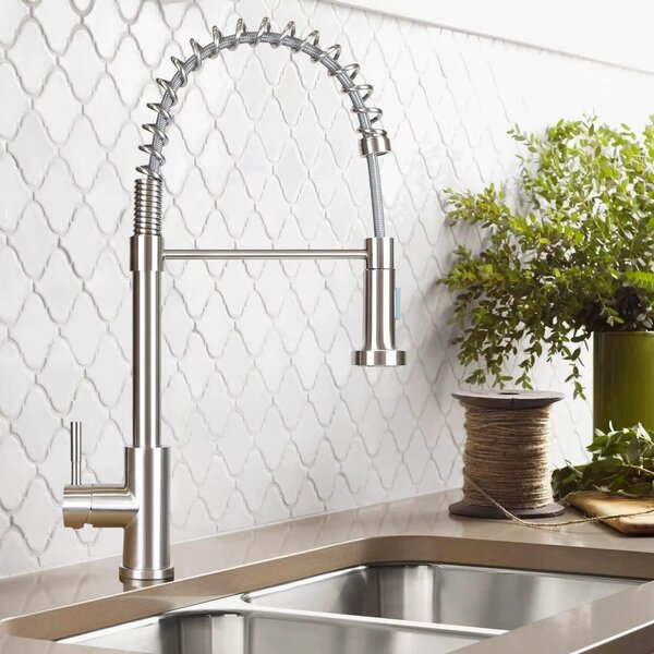Miscelatore da cucina – Miscelatore estraibile con flessibile – Girevole a 360° – Doccetta multifunzione (2 getti) – Bocchetta alta – Acciaio inossidabile – Finitura sand nickel