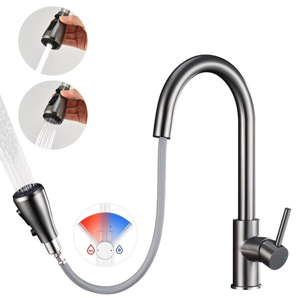 Miscelatore da cucina – Miscelatore da cucina estraibile – Due tipi di getto – Miscelatore monocomando – Acqua calda e fredda – Acciaio inossidabile 304 – Grigio gunmetal