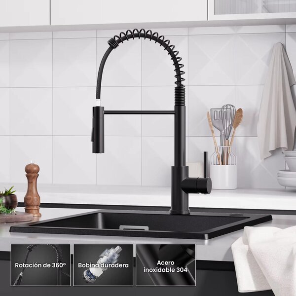 Miscelatore da cucina - Modello verticale con sistema a molla - Acciaio inossidabile 304 - Acqua calda e fredda - Comando monoleva - Bocchetta estraibile e flessibile - Due modalità di erogazione - Nero