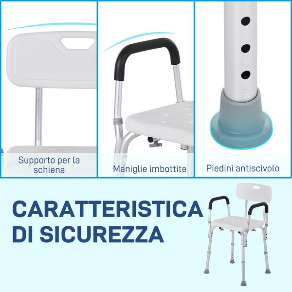 HOMCOM Sedia per Doccia in Alluminio con Altezza Regolabile e Piedini Antiscivolo, 51.5x51.5x71-84cm, Bianco