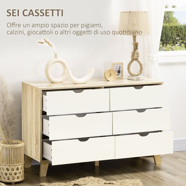 HOMCOM Cassettiera Moderno 6 Cassetti in Legno con Maniglie Intagliate, 120x40x76 cm, Bianco e Rovere| Aosom Italy