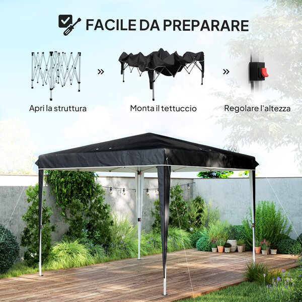 Outsunny Gazebo 3x3 m per 6-9 Persone ad Altezza Regolabile con Fori di Drenaggio, in Metallo e Tessuto Oxford Nero