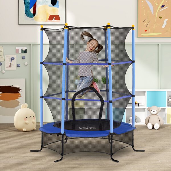 HOMCOM Trampolino Elastico per Bambini Ø1.6x1.9 m con Rete di Sicurezza e Pali Imbottiti, Età 3-10 Anni, Blu
