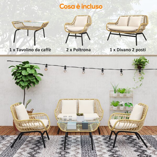 Outsunny Set da Giardino 4 Pezzi in Rattan PE e Metallo con Divanetto, 2 Sedie e Tavolino da Caffè, Beige