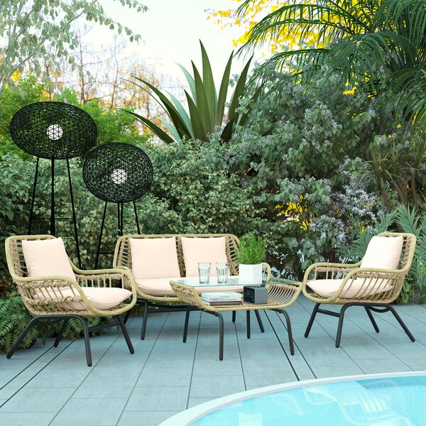 Outsunny Set da Giardino 4 Pezzi in Rattan PE e Metallo con Divanetto, 2 Sedie e Tavolino da Caffè, Beige