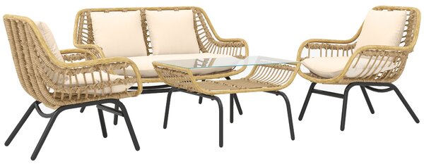Outsunny Set da Giardino 4 Pezzi in Rattan PE e Metallo con Divanetto, 2 Sedie e Tavolino da Caffè, Beige