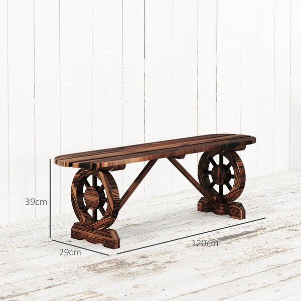 Outsunny Panchina da Giardino con Gambe a Ruota di Carro e Seduta a Doghe, 120x29x39cm, Marrone