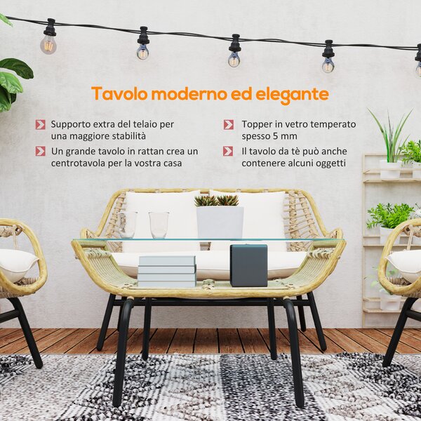 Outsunny Set da Giardino 4 Pezzi in Rattan PE e Metallo con Divanetto, 2 Sedie e Tavolino da Caffè, Beige