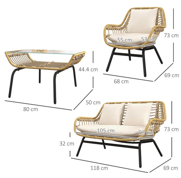 Outsunny Set da Giardino 4 Pezzi in Rattan PE e Metallo con Divanetto, 2 Sedie e Tavolino da Caffè, Beige