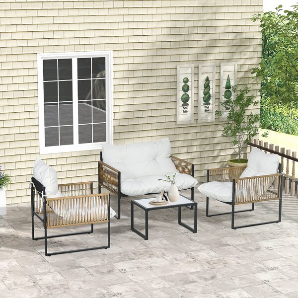 Outsunny Set da Giardino 4 Pezzi in Rattan con Divanetto, 2 Sedie e Tavolino da Caffè, Nero, Marrone e Crema