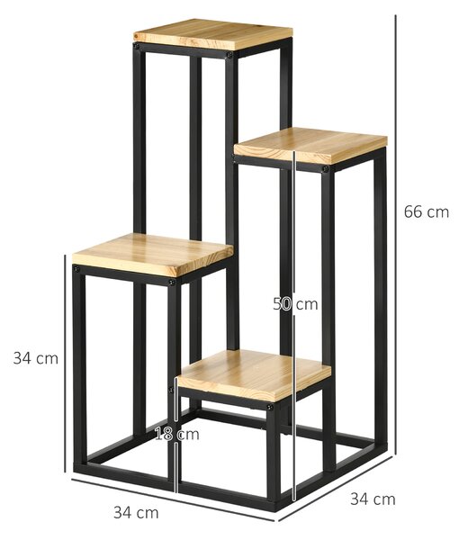 Outsunny Scaffale per Piante a 4 Livelli in Metallo e Legno per Interni ed Esterni, 34x34x66cm