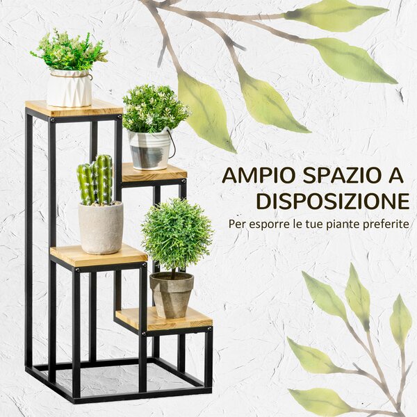 Outsunny Scaffale per Piante a 4 Livelli in Metallo e Legno per Interni ed Esterni, 34x34x66cm