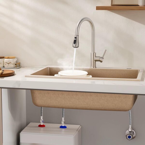 Miscelatore da cucina – Rubinetto da cucina estraibile – Due modalità di spruzzo – Acciaio inossidabile 304 – Adatto per acqua calda e fredda – Valvola in Vetroceramica – Acciaio inossidabile spazzolato