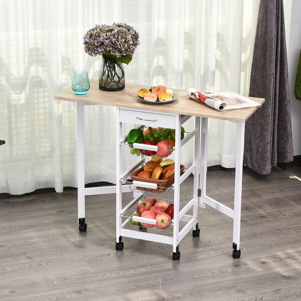 HOMCOM Carrello da Cucina con 3 Cestini, Cassetto e Ribalte, 6 Ruote Girevoli, in MDF e Metallo, 37x37x77.5cm, Bianco e Legno|Aosom