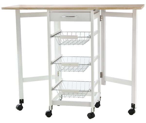 HOMCOM Carrello da Cucina con 3 Cestini, Cassetto e Ribalte, 6 Ruote Girevoli, in MDF e Metallo, 37x37x77.5cm, Bianco e Legno|Aosom