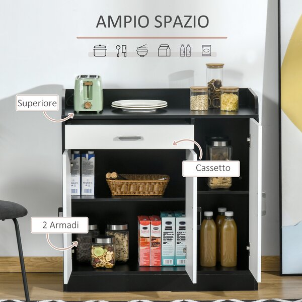 HOMCOM Mobiletto da Cucina Moderno in MDF con 2 Armadietti, 1 Cassetto e Ripiani Regolabili, 90x40x90 cm, Bianco e Nero|Aosom