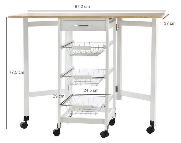 HOMCOM Carrello da Cucina con 3 Cestini, Cassetto e Ribalte, 6 Ruote Girevoli, in MDF e Metallo, 37x37x77.5cm, Bianco e Legno|Aosom