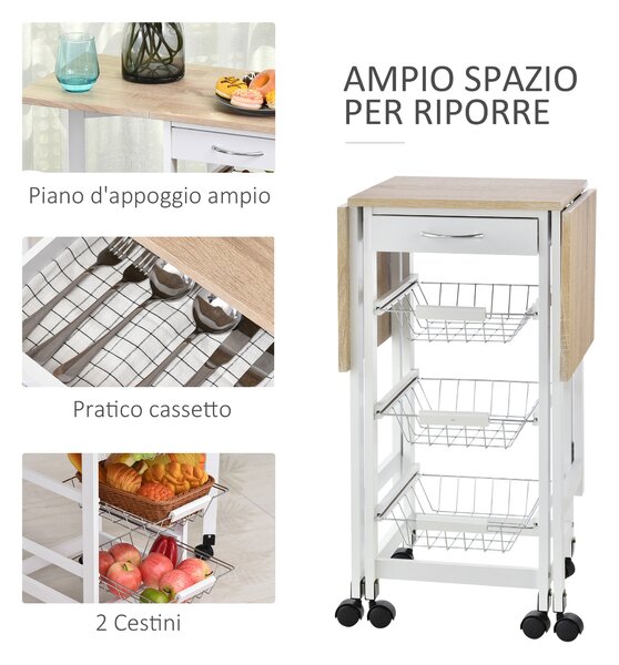 HOMCOM Carrello da Cucina con 3 Cestini, Cassetto e Ribalte, 6 Ruote Girevoli, in MDF e Metallo, 37x37x77.5cm, Bianco e Legno|Aosom