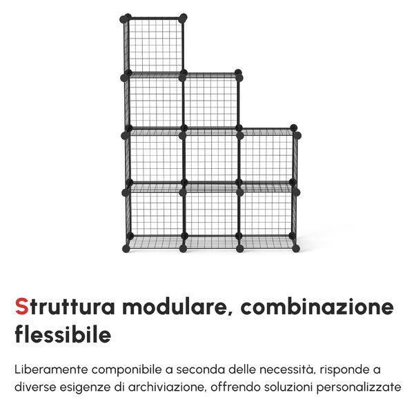 HOMCOM Mobile Libreria Salvaspazio per Giocattoli, Vestiti, Libri e Soprammobili, 9 Cubi in Rete con Pannelli in Acciaio e PP, 35x35x35 cm, Nero|Aosom