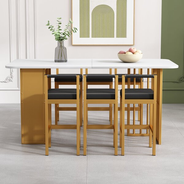 Set da Pranzo Contemporaneo con Tavolo e 6 Sedie Moderne in Truciolato e Acciaio, Bianco+Oro