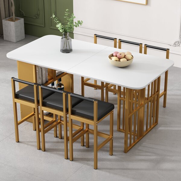 Set da Pranzo Contemporaneo con Tavolo e 6 Sedie Moderne in Truciolato e Acciaio, Bianco+Oro