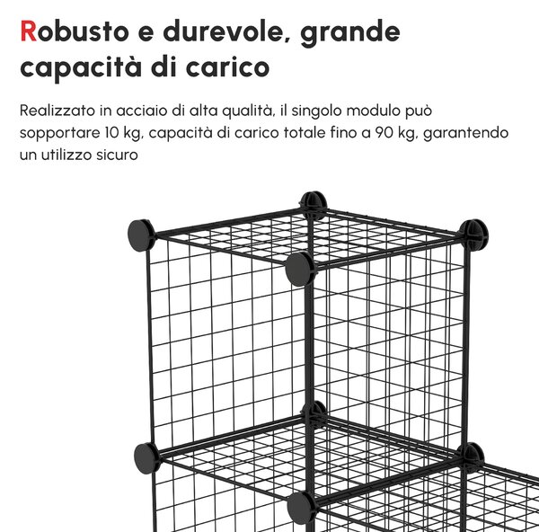 HOMCOM Mobile Libreria Salvaspazio per Giocattoli, Vestiti, Libri e Soprammobili, 9 Cubi in Rete con Pannelli in Acciaio e PP, 35x35x35 cm, Nero|Aosom