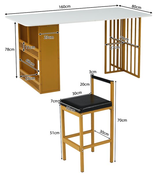 Set da Pranzo Contemporaneo con Tavolo e 6 Sedie Moderne in Truciolato e Acciaio, Bianco+Oro