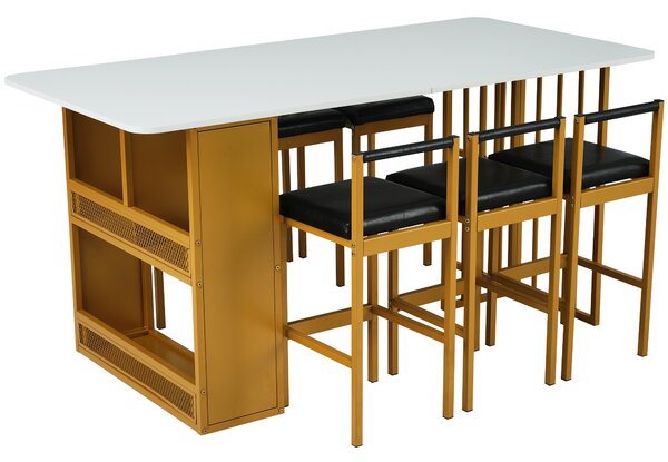 Set da Pranzo Contemporaneo con Tavolo e 6 Sedie Moderne in Truciolato e Acciaio, Bianco+Oro