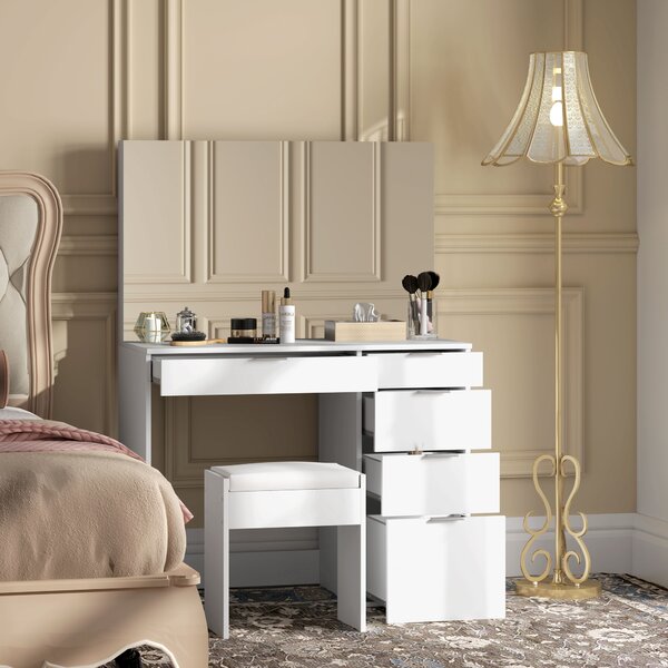 HOMCOM Set Tavolo da Trucco con Specchio e 5 Cassetti 97.2x44.5x136.5 cm e Sgabello Imbottito 40x24x46 cm, Bianco