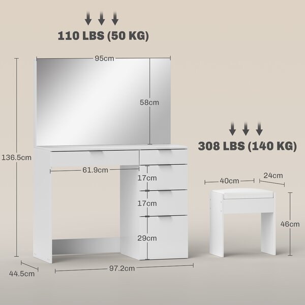 HOMCOM Set Tavolo da Trucco con Specchio e 5 Cassetti 97.2x44.5x136.5 cm e Sgabello Imbottito 40x24x46 cm, Bianco