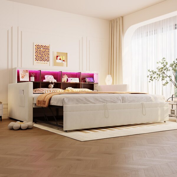 Divano letto 90 x 190 cm con meccanismo letto estraibile, illuminazione LED, presa di corrente, porte USB e di tipo C, poggiatesta con spazio contenitivo, struttura del letto imbottita in velluto con rete a doghe, colore beige