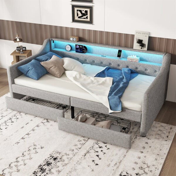 Sweiko daybed 90 x 200 cm, divano letto, letto con cassetti, presa di ricarica USB, biancheria, grigio, senza materasso