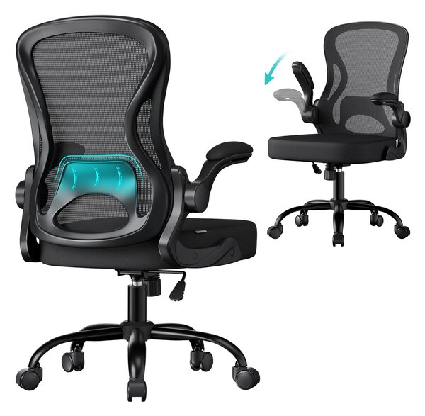 Sedia da ufficio ergonomica SONGMICS, sedia girevole con tessuto a rete, sedia da scrivania con supporto lombare, funzione dondolo, braccioli pieghevoli, per studio