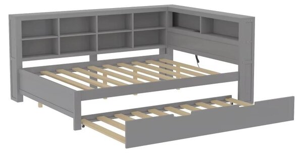 Divano letto - Letto estraibile - 90 x 200 cm - Letto per ospiti 90 x 190 cm - Porta USB - Spazio contenitivo - Legno massello - Grigio