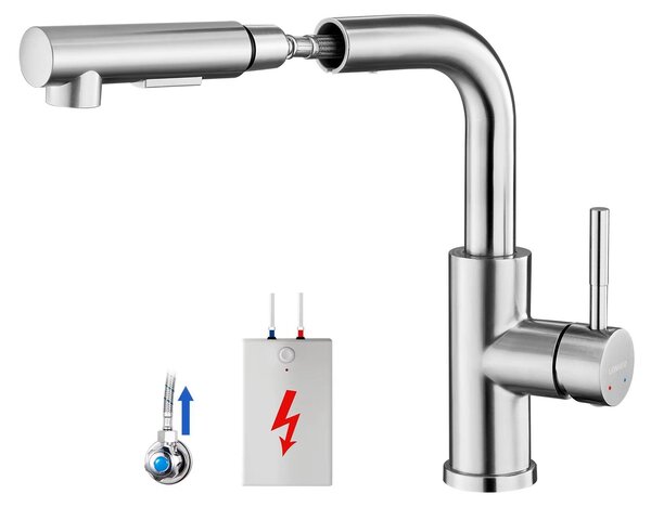 Miscelatore da cucina - Miscelatore a bassa pressione con doccetta estraibile - Due tipi di getto - Rotazione a 360° - Adatto per acqua fredda e calda - Acciaio inossidabile 304 - Cromato