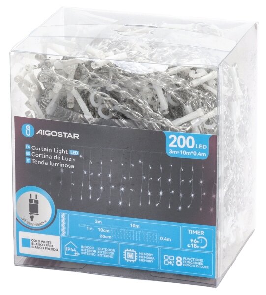 Aigostar - Catena luminosa natalizia LED per esterni 200xLED/3,6W/230V/8 funzioni 10x0,4m IP44 bianco freddo