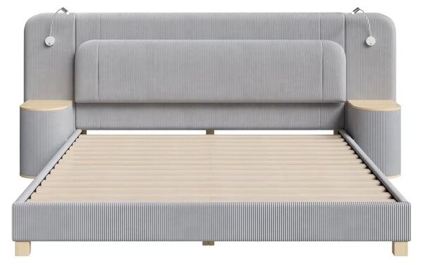 Letto matrimoniale - Struttura del letto - 180 x 200 cm - Grigio - Rivestimento in velluto morbido - Comodino integrato - Piattaforma robusta