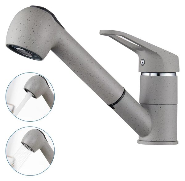 Miscelatore da cucina estraibile, colore grigio, girevole a 180°, con 2 getti, per acqua calda e fredda, corpo in ottone, attacco G3/8